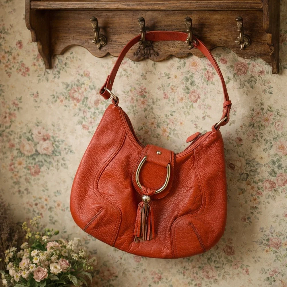 Coldwater Creek Pebbled Leather Orange Fringe Medium Hobo Bag